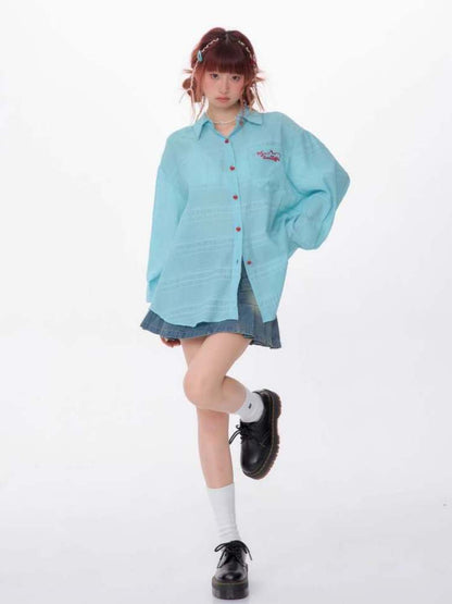 Heart Button Logo Embroidery Semi-Sheer Shirt【s0000007144】