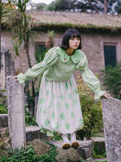 Apple Bug Embroidery Puff Sleeve Shirt【s0000007125】