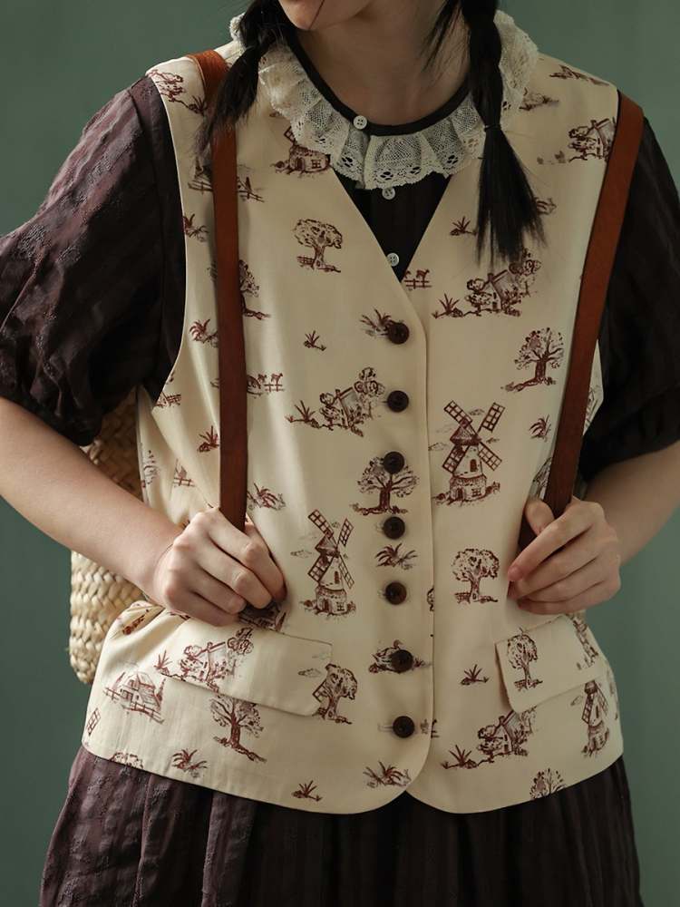 Retro Print V-Neck Vest【s0000006912】