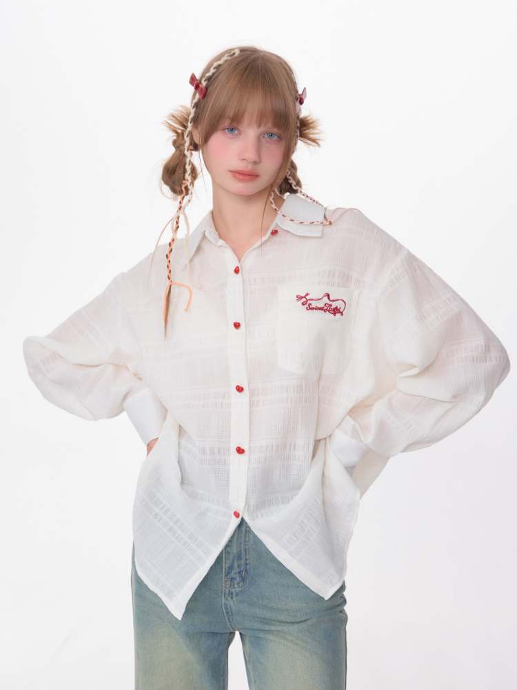 Heart Button Logo Embroidery Semi-Sheer Shirt【s0000007144】