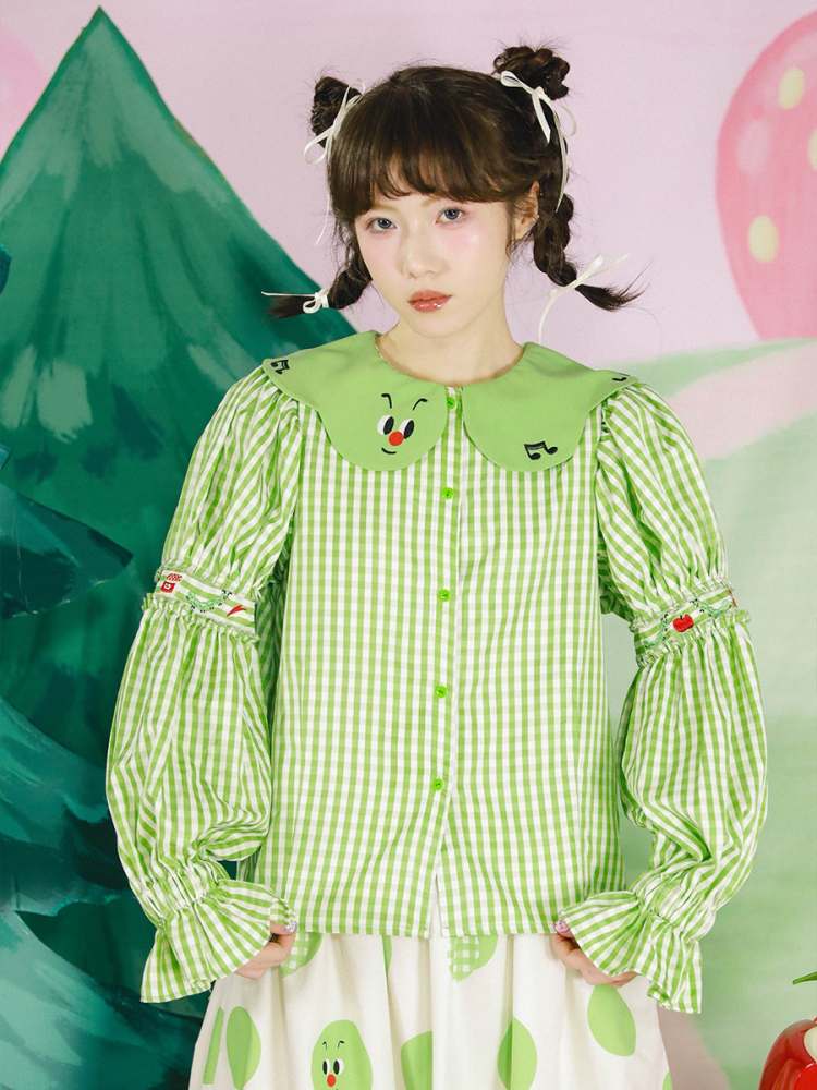 Apple Bug Embroidery Puff Sleeve Shirt【s0000007125】