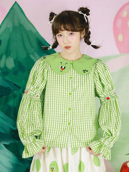 Apple Bug Embroidery Puff Sleeve Shirt【s0000007125】