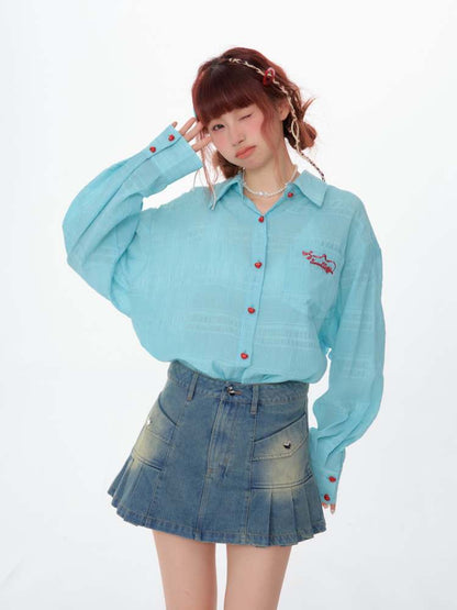 Heart Button Logo Embroidery Semi-Sheer Shirt【s0000007144】