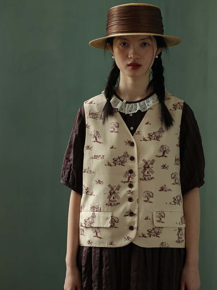 Retro Print V-Neck Vest【s0000006912】