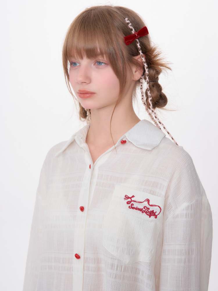 Heart Button Logo Embroidery Semi-Sheer Shirt【s0000007144】