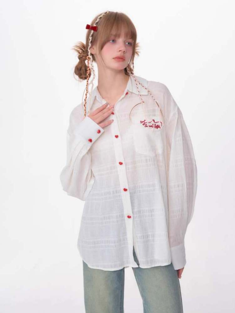 Heart Button Logo Embroidery Semi-Sheer Shirt【s0000007144】