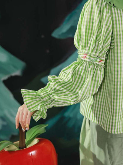 Apple Bug Embroidery Puff Sleeve Shirt【s0000007125】