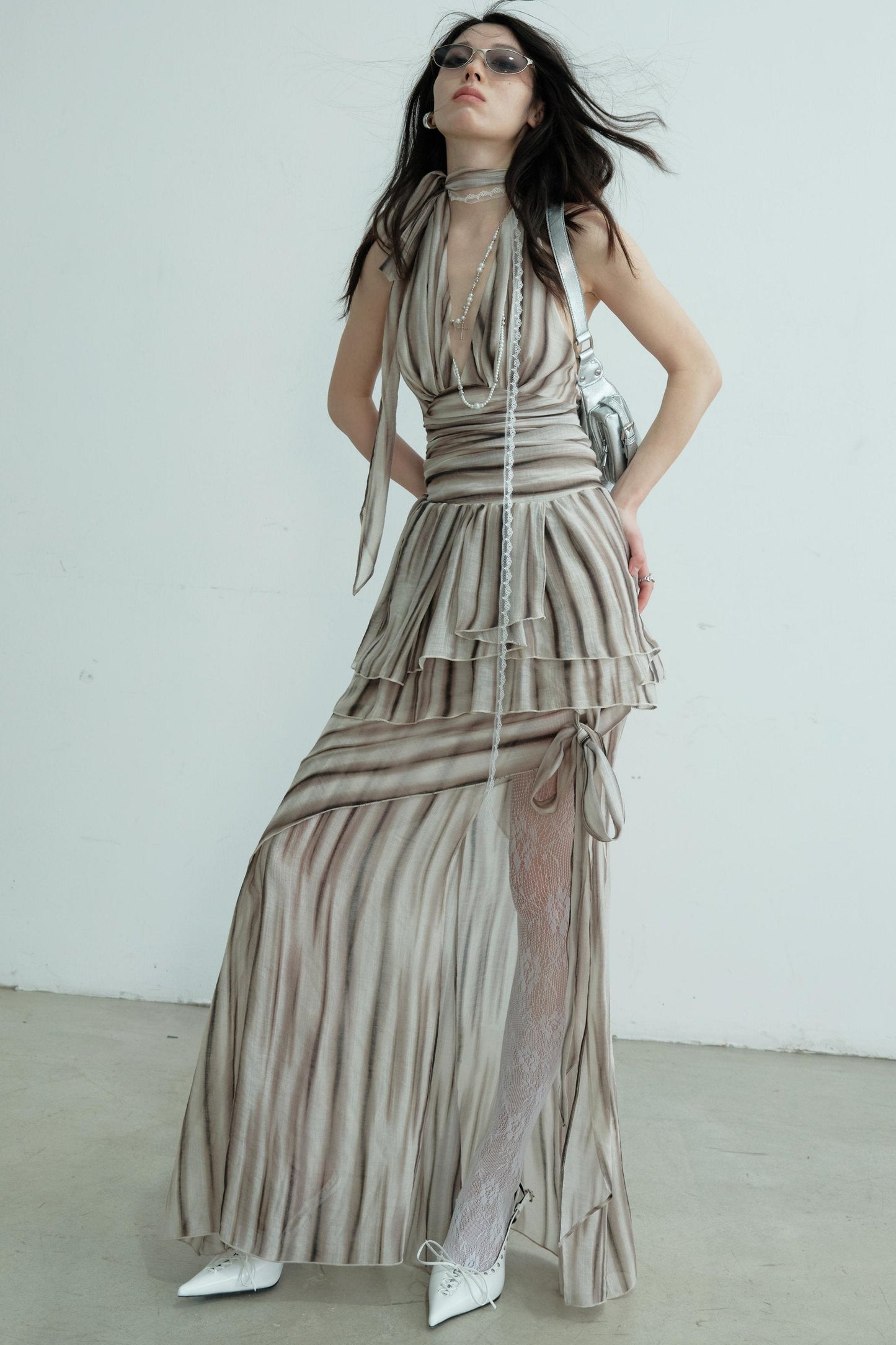 Pleated V-Neck Vest With Skirt Set