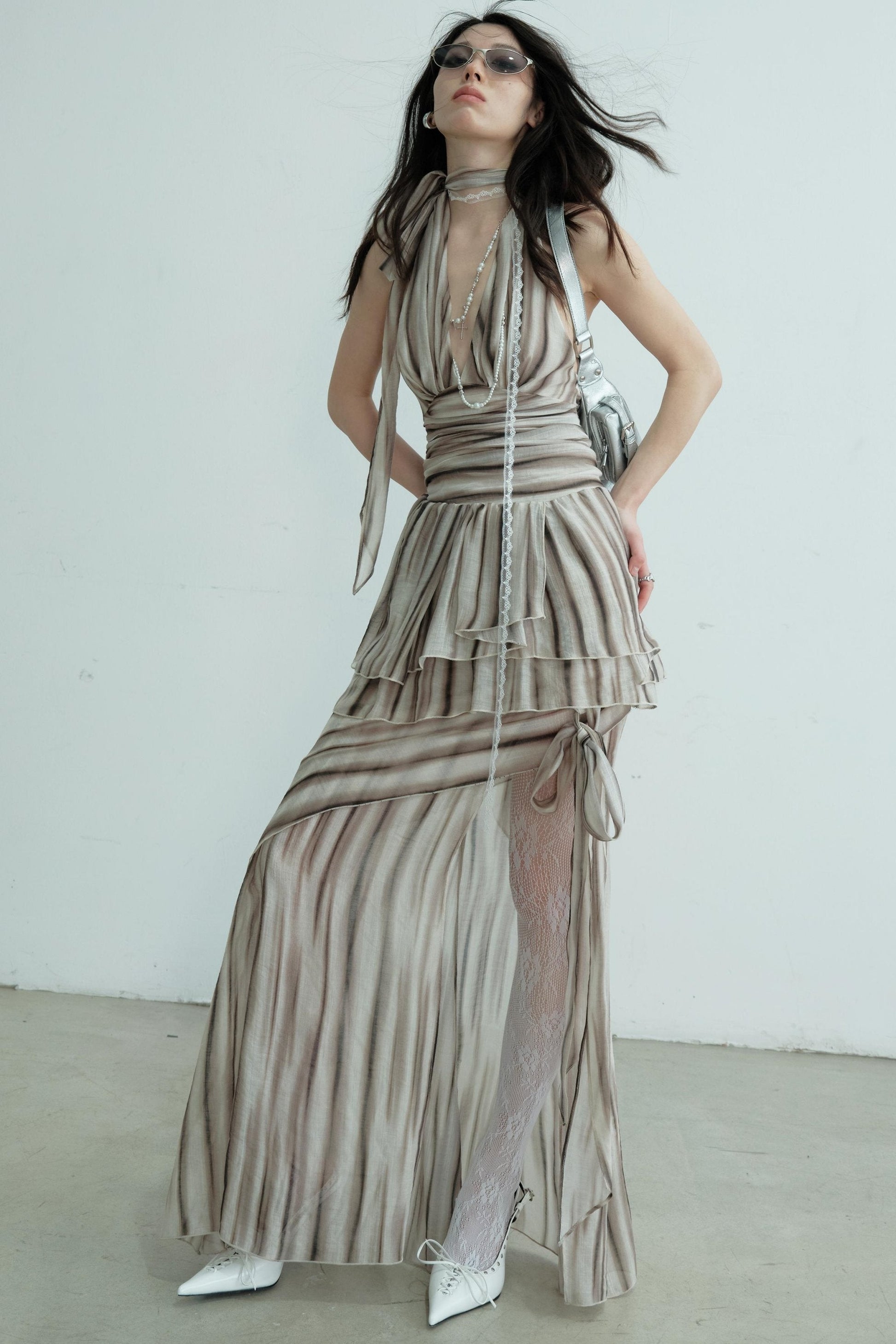 Pleated V-Neck Vest With Skirt Set