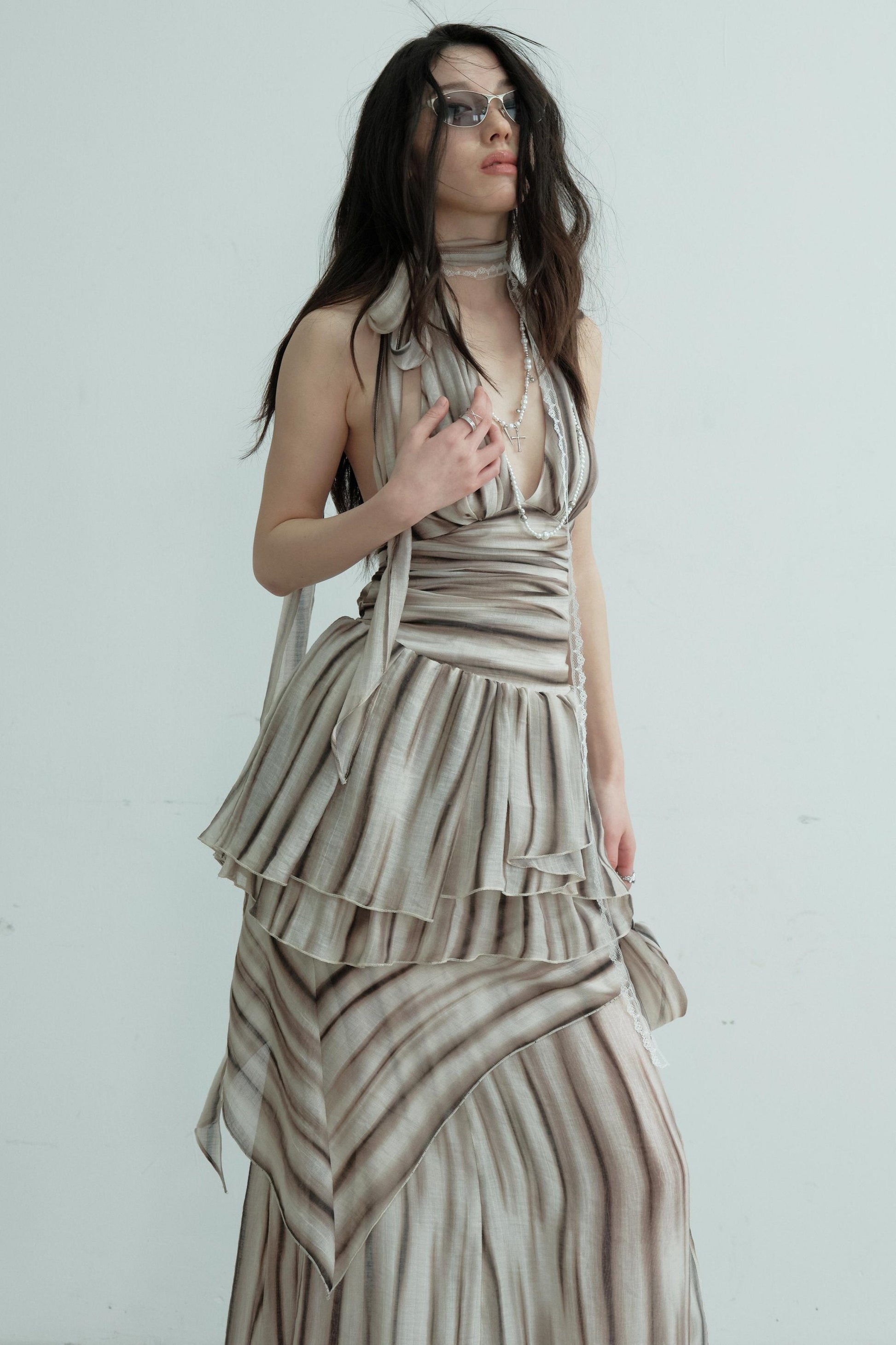 Pleated V-Neck Vest With Skirt Set