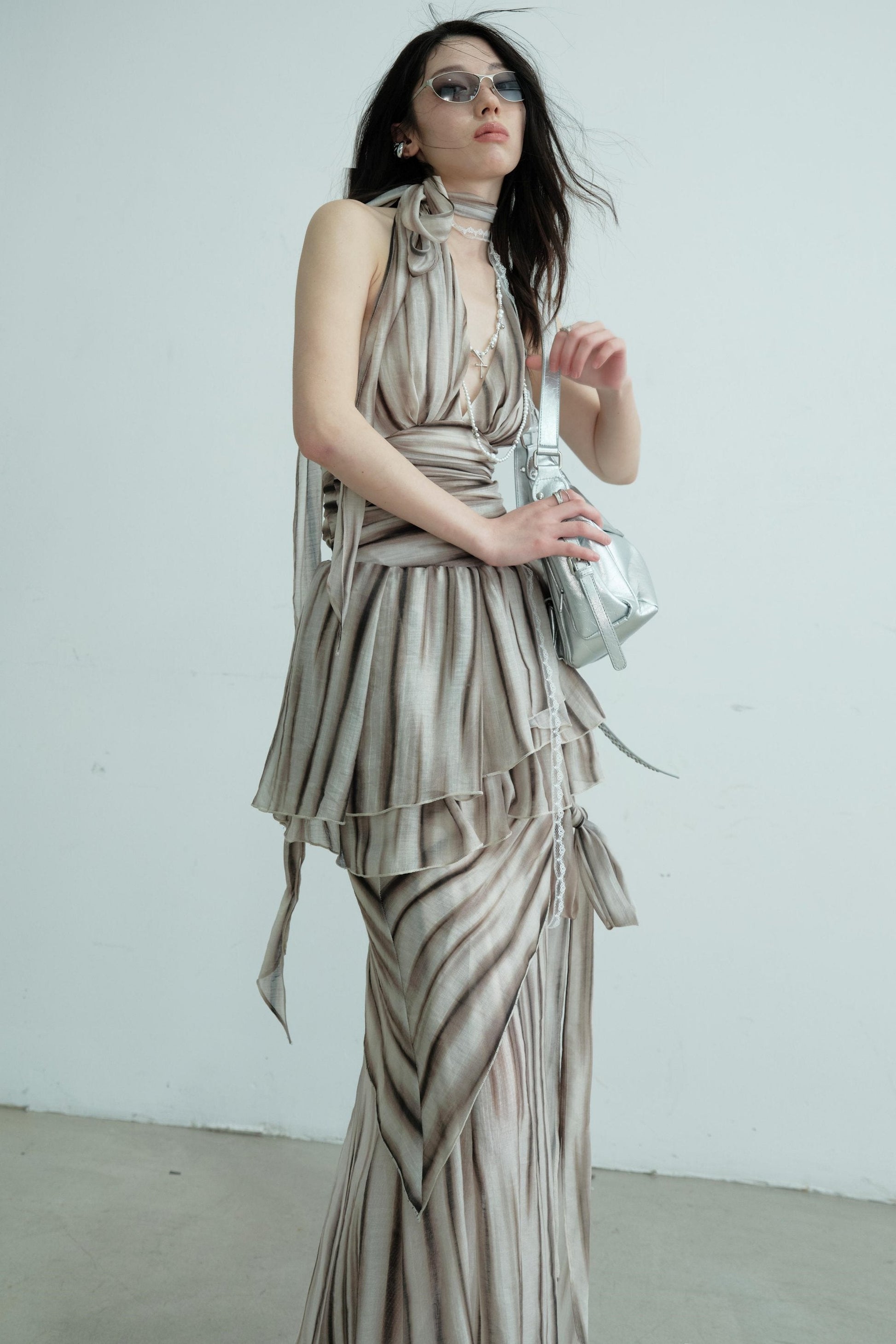 Pleated V-Neck Vest With Skirt Set