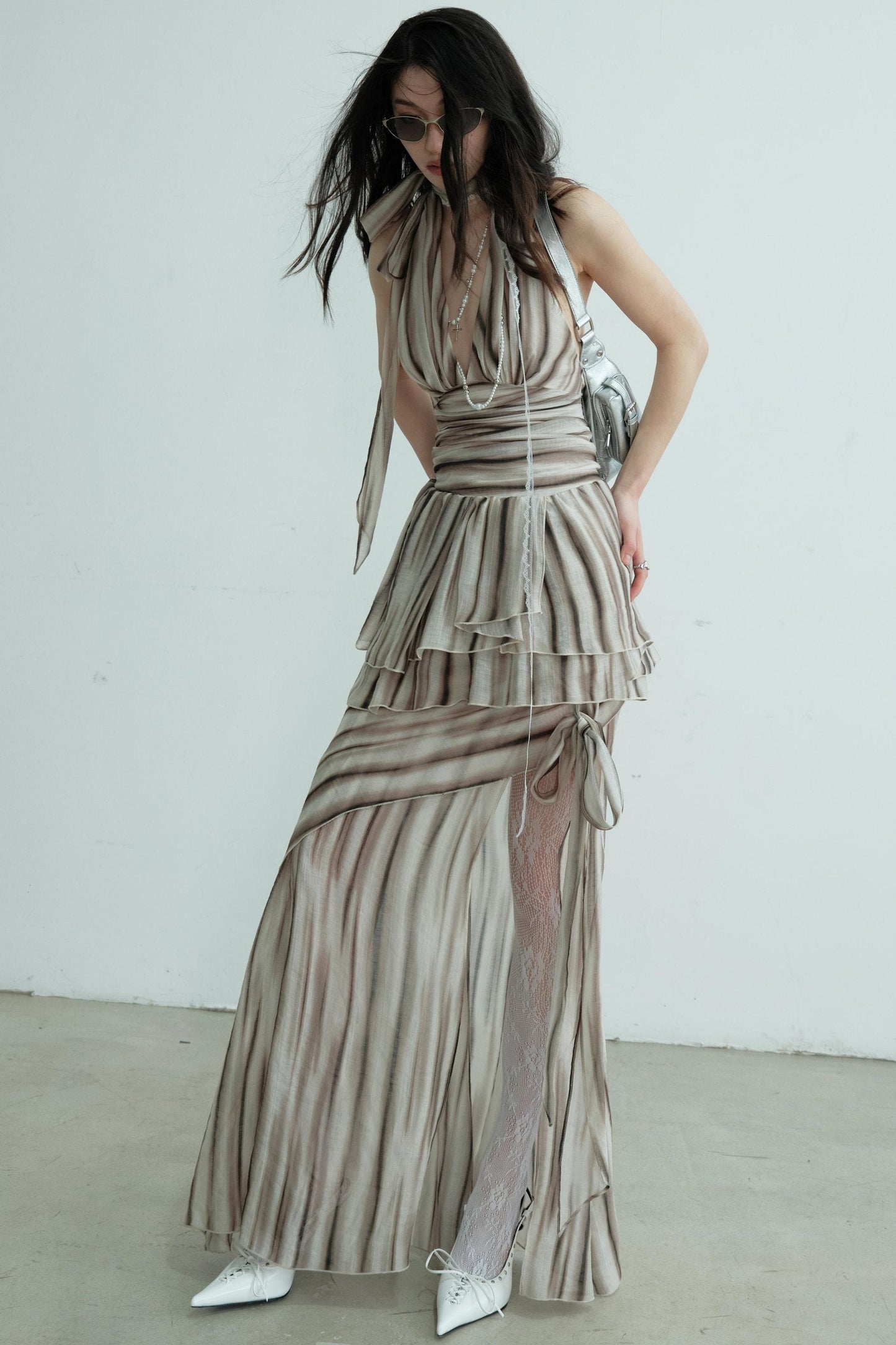 Pleated V-Neck Vest With Skirt Set