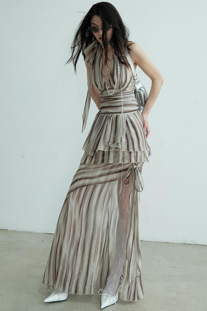 Pleated V-Neck Vest With Skirt Set