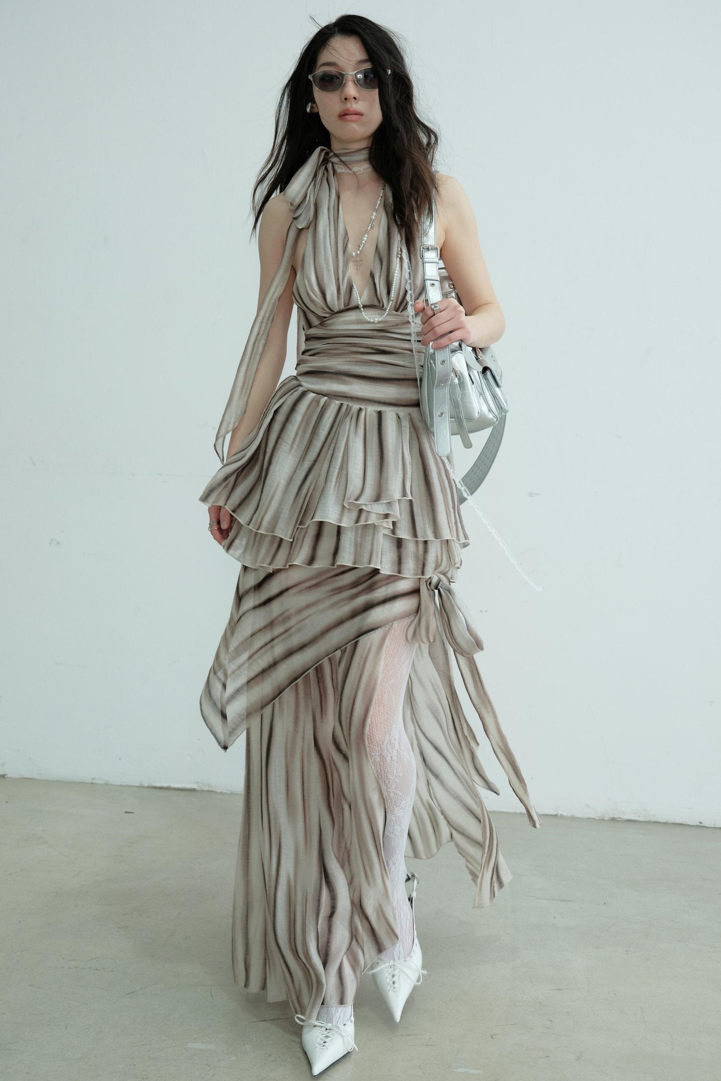 Pleated V-Neck Vest With Skirt Set