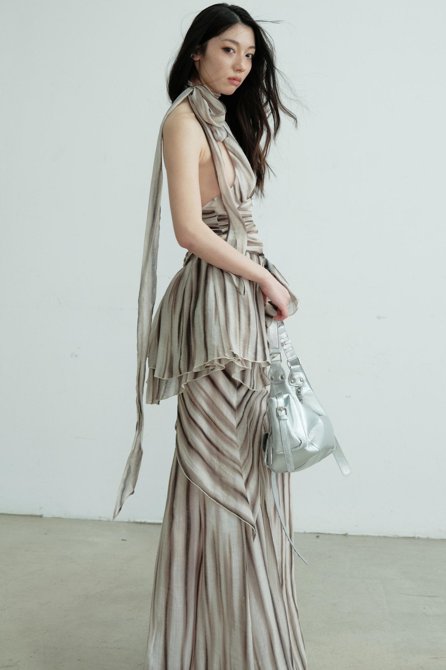 Pleated V-Neck Vest With Skirt Set
