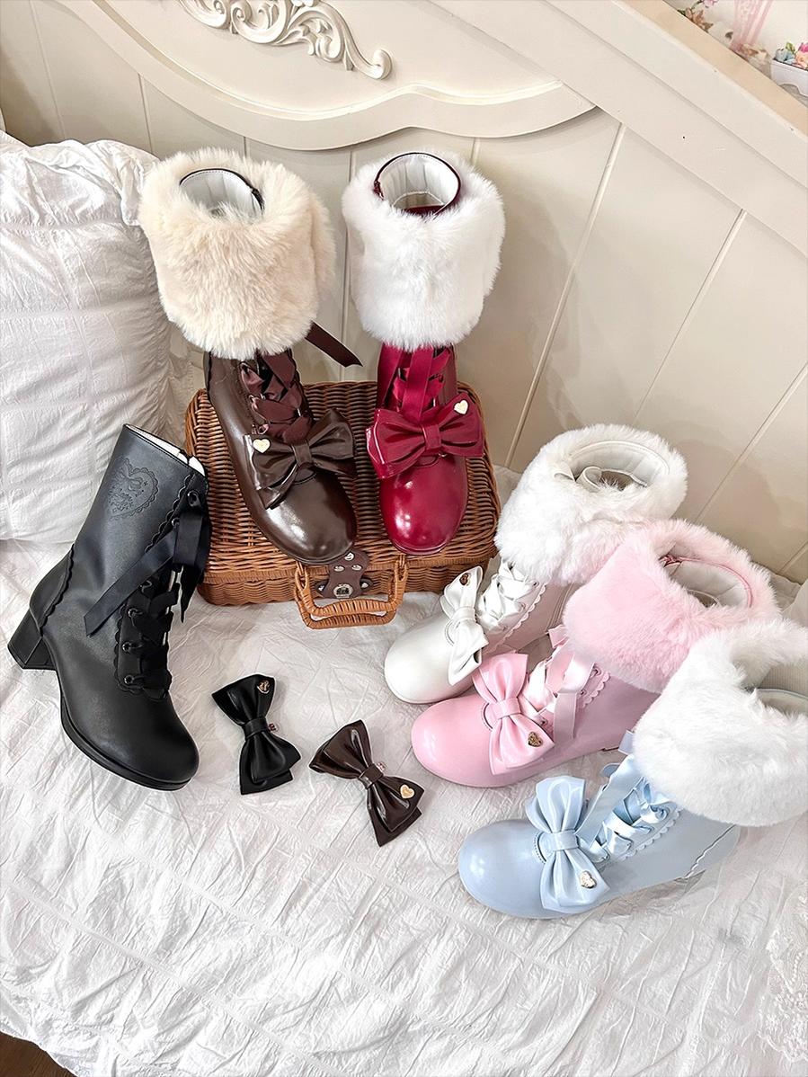 Sheep Puff - Snowy Mochi - Kawaii Lolita Winter Boots, Detachable Fur Trim