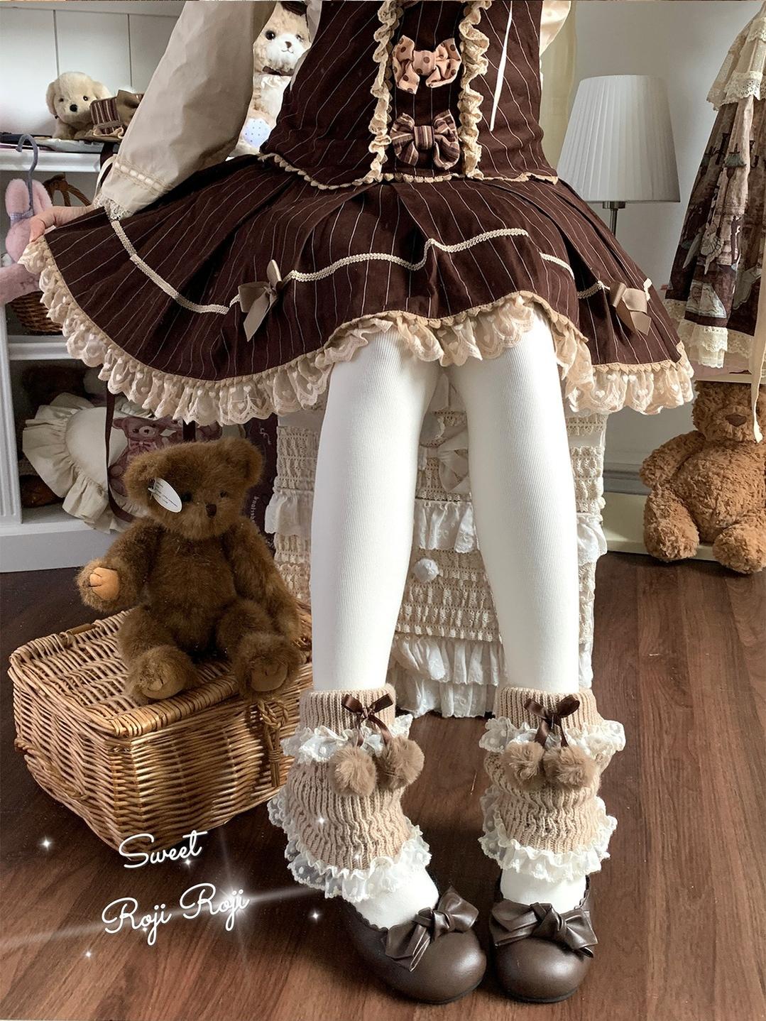 Roji Roji - Kawaii Lolita Wool Leg Warmers, Pom-Pom Accented Bow