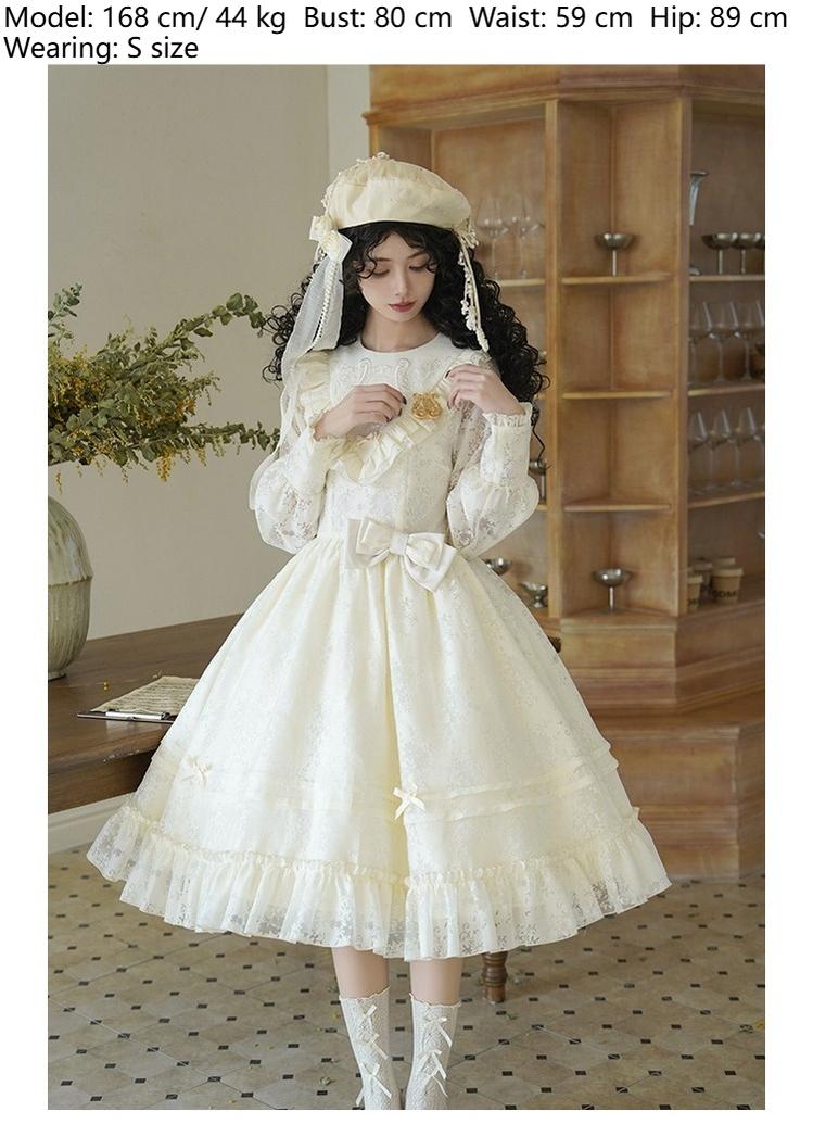 With PUJI - Floral Melody - Ivory Classic Lolita Long Sleeve OP Dress with Layered Bolero