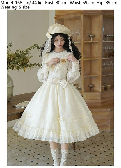 With PUJI - Floral Melody - Ivory Classic Lolita Long Sleeve OP Dress with Layered Bolero
