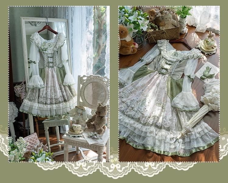 YingLuoFu - Teacup Bunny - Classic Lolita OP Dress, Fresh Green Floral Print