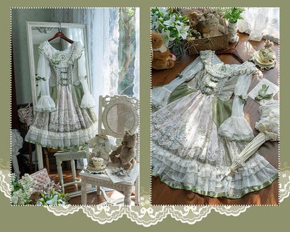 YingLuoFu - Teacup Bunny - Classic Lolita OP Dress, Fresh Green Floral Print