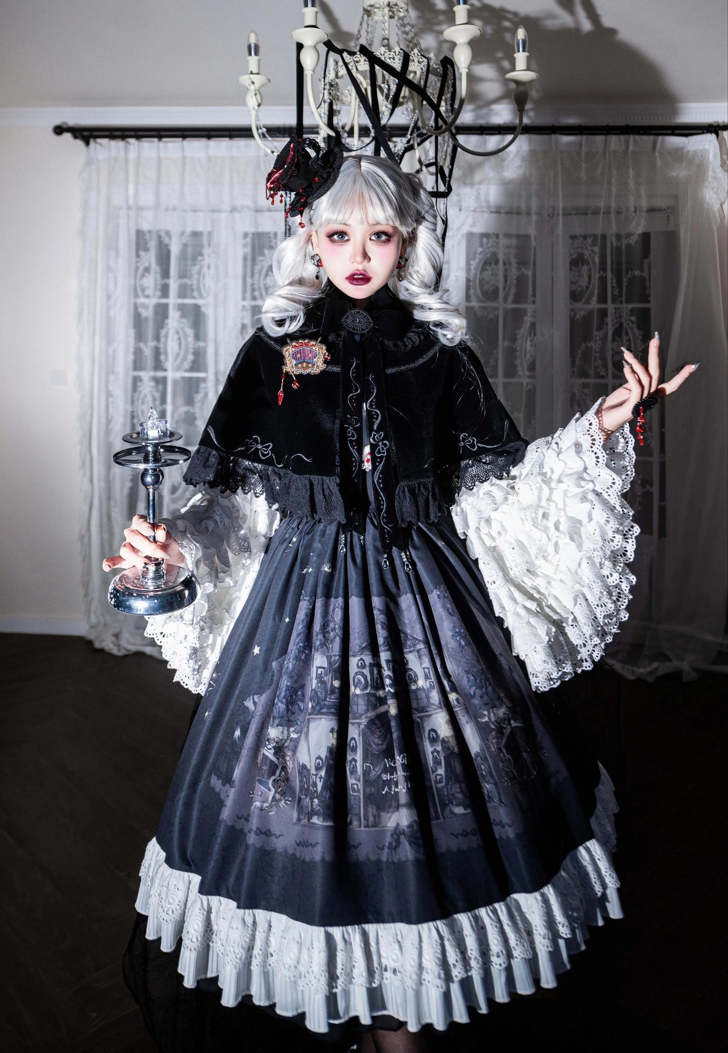 Dark Circle Clinic - Barbara Manor Night - Gothic Lolita JSK Pleated Floral Print Lolita Dress
