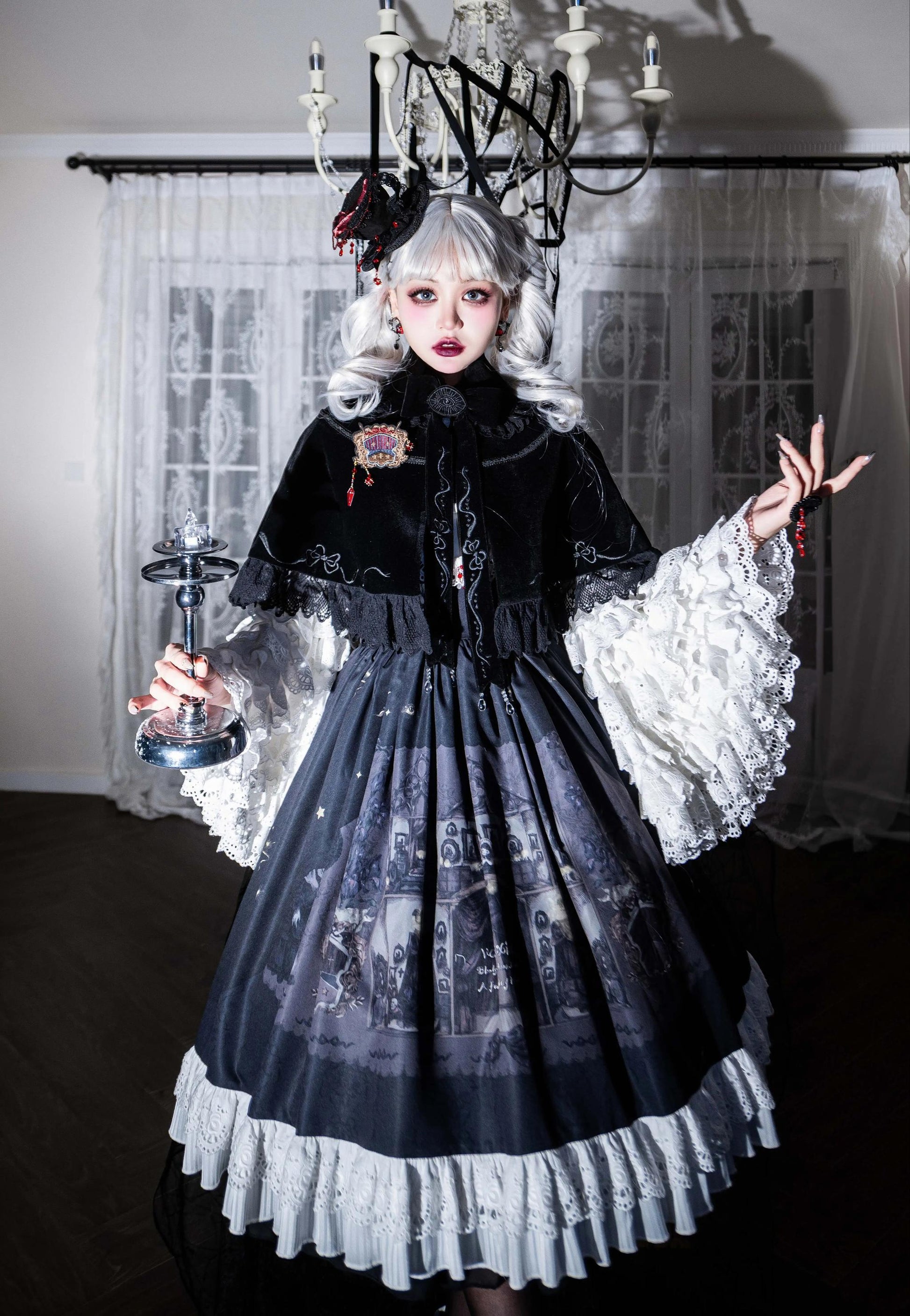Dark Circle Clinic - Barbara Manor Night - Gothic Lolita JSK Pleated Floral Print Lolita Dress