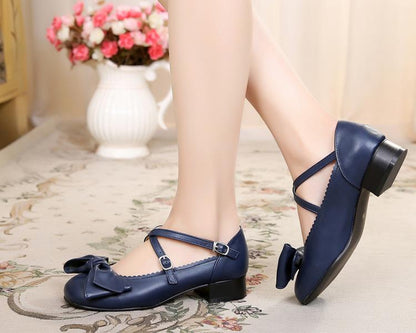 Sosic - Bow and Low Heel Cross Band Lolita Leather Shoes