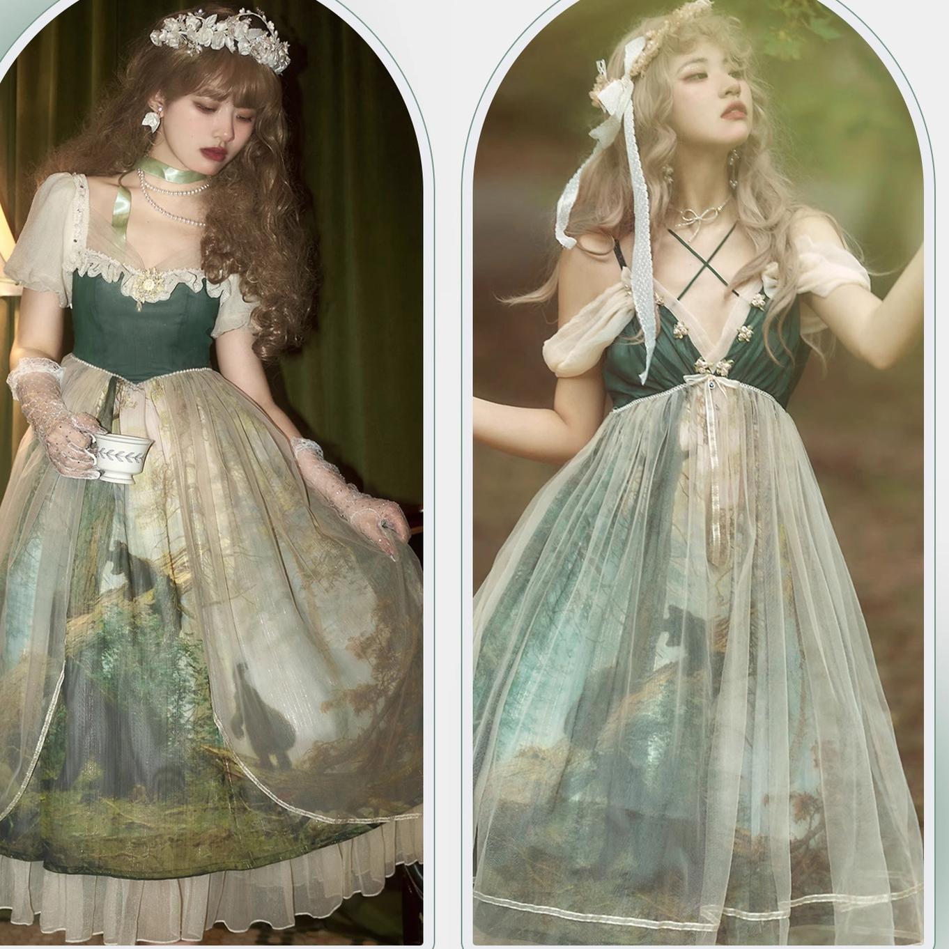 Cyan - Morning of Pine Forest - Elegant Lolita Bear Print Skirt