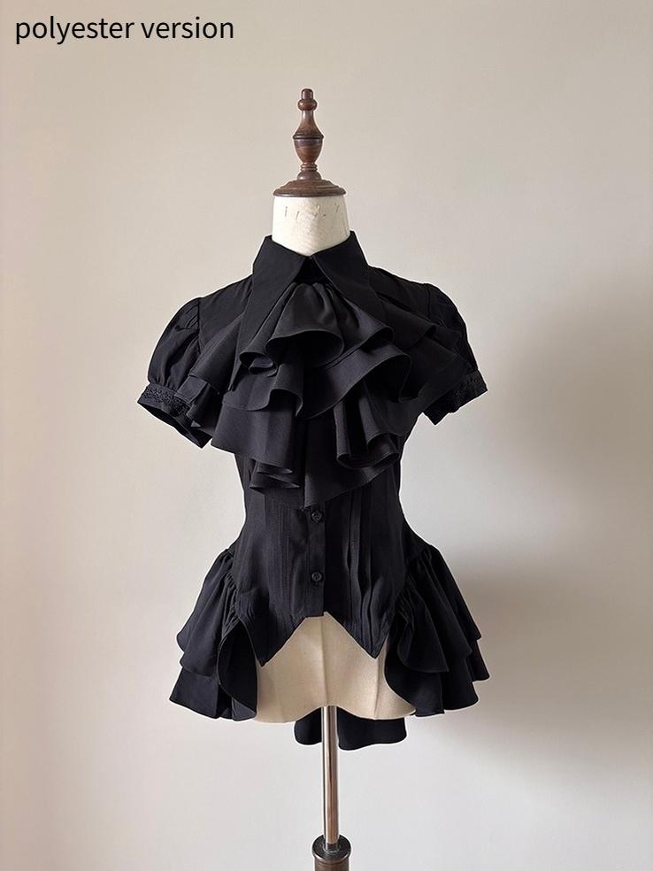 FlowerFairyDaily - Midnight Prayer - Solid Lolita Shirt with Flowing Tiered Back Hem