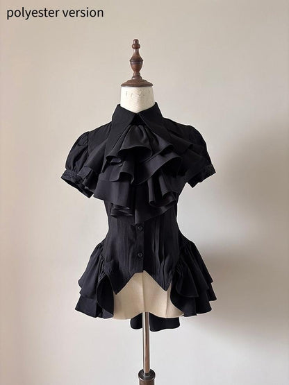 FlowerFairyDaily - Midnight Prayer - Solid Lolita Shirt with Flowing Tiered Back Hem