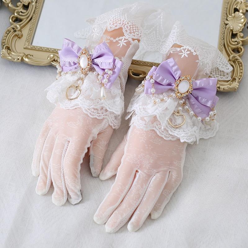 Xiaogui - Vintage Lolita Gloves Lace Bow Bead Chain Sunscreen Gloves