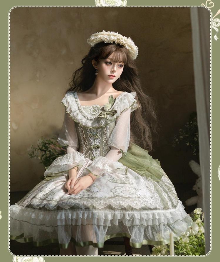YingLuoFu - Teacup Bunny - Classic Lolita OP Dress, Fresh Green Floral Print