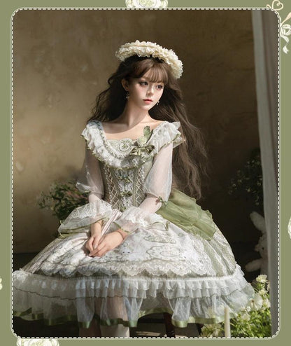 YingLuoFu - Teacup Bunny - Classic Lolita OP Dress, Fresh Green Floral Print