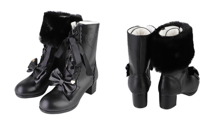 Sheep Puff - Snowy Mochi - Kawaii Lolita Winter Boots, Detachable Fur Trim