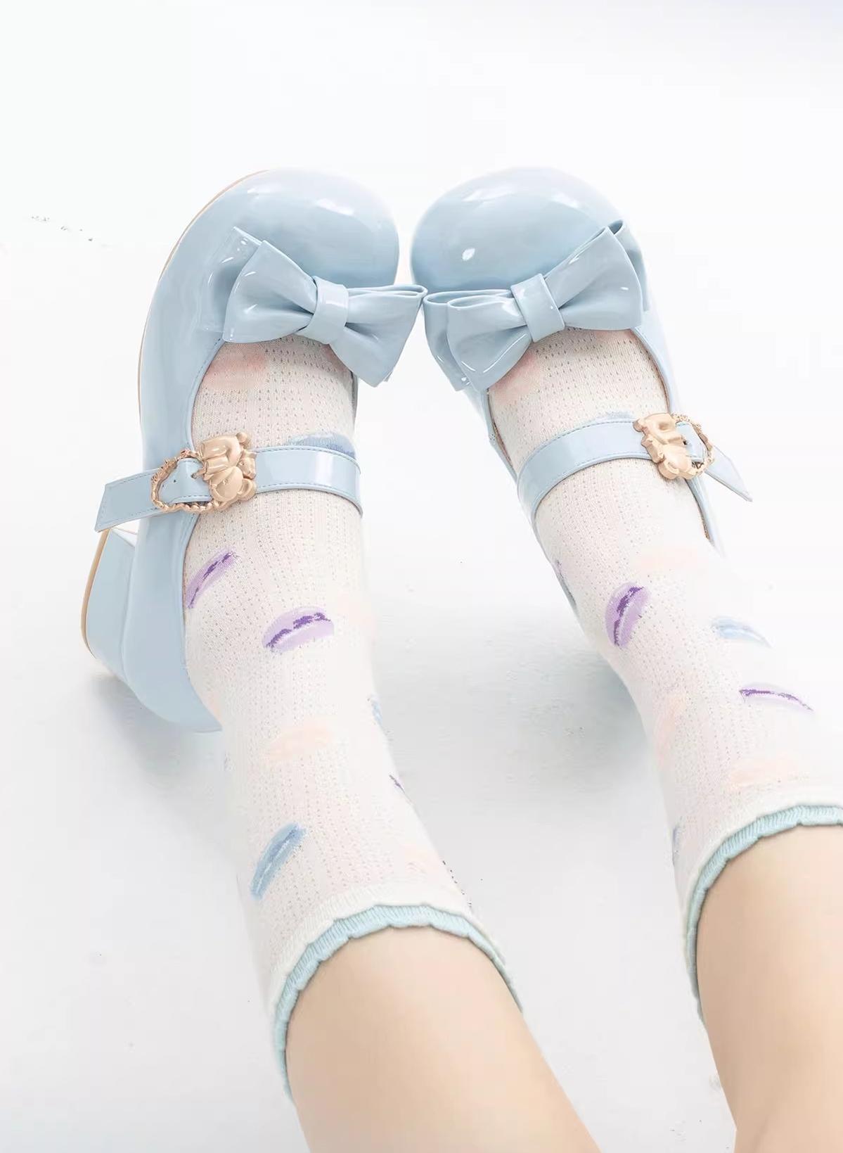 Sheep Puff - Hug Bear - Sweet Lolita Heel Shoes Bear Metal Buckle Bow Shoes