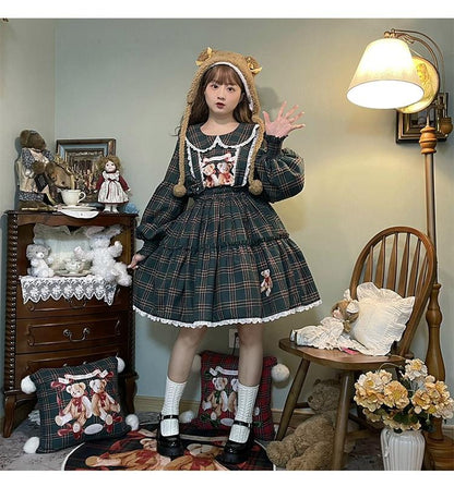 Labeau - Christmas Vintage Lolita Skirts Doll Collar Blouse Plaid Skirt Set