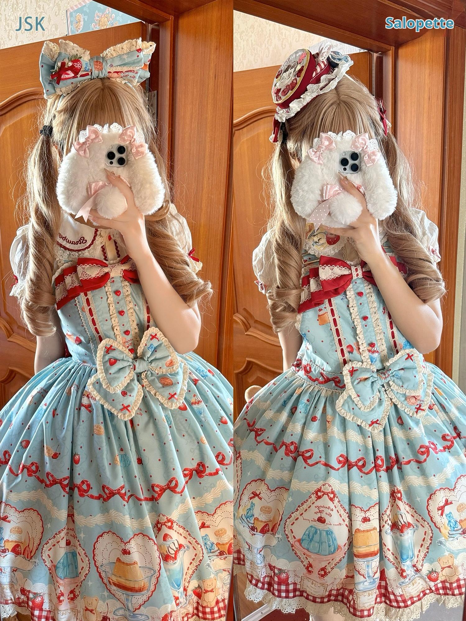 DreamWhale - Showa Dessert Showcase - Kawaii Lolita Dress Suit Pudding-Inspired JSK/Salopette