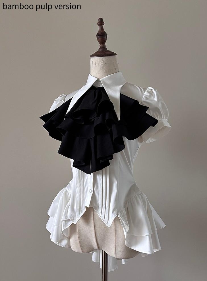 FlowerFairyDaily - Midnight Prayer - Solid Lolita Shirt with Flowing Tiered Back Hem