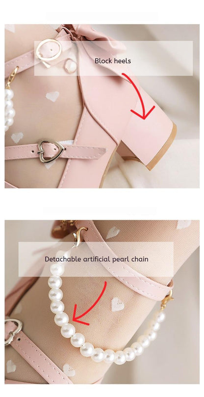 Yana - Round Toe Sweet Lolita Shoes, Detachable Pearl Chain