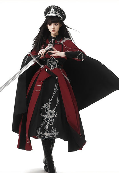 CHUNLV LOLITA - Crimson Knight - Military Lolita Dress Outfit Red OP Black Cloak Waistband