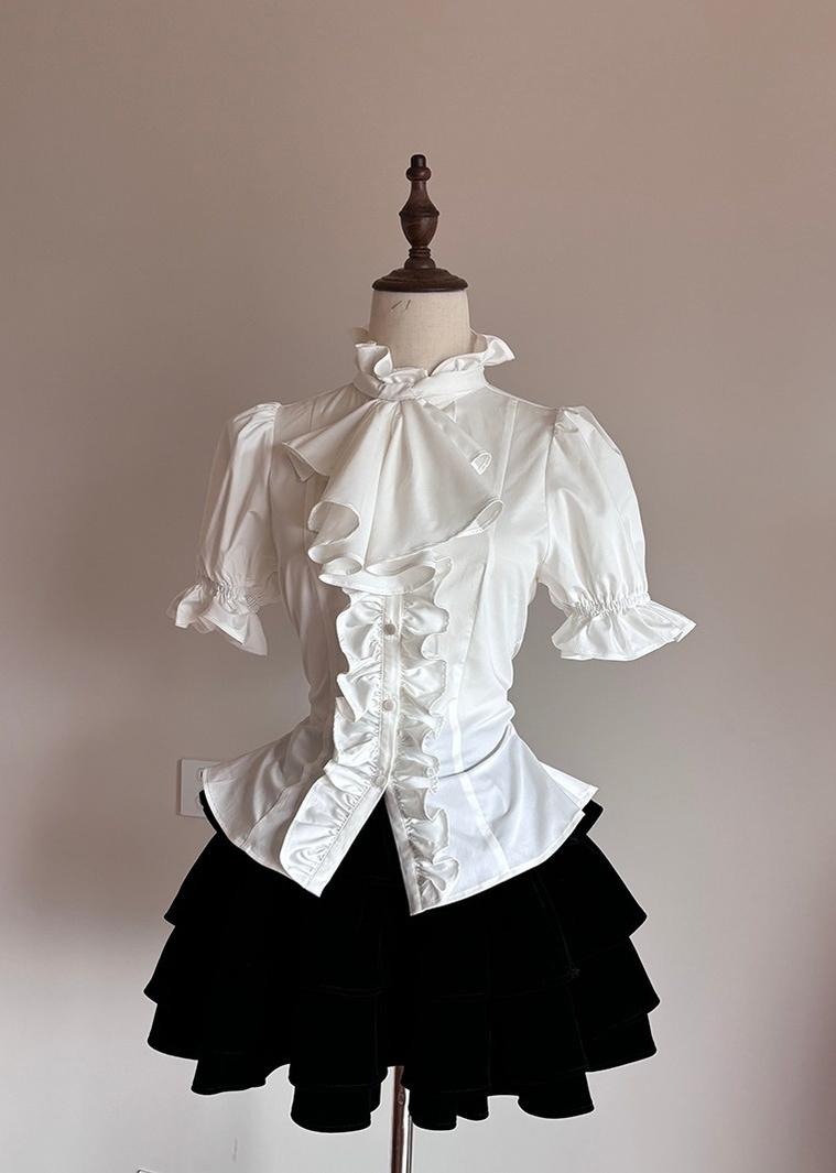 FlowerFairyDaily - Trace Night - Gothic Lolita Short-sleeved Shirt with Adjustable Waist