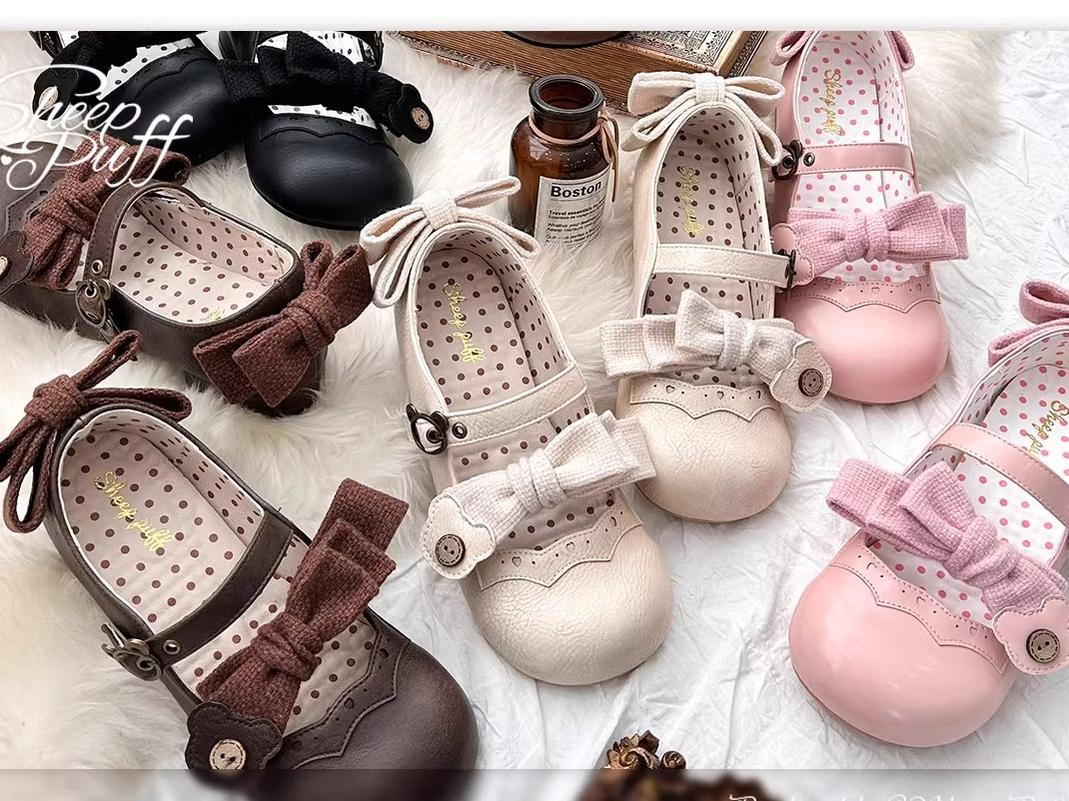 Sheep Puff - Bear Room - Sweet Lolita Shoes Double Bow Round Toe Flat Shoes