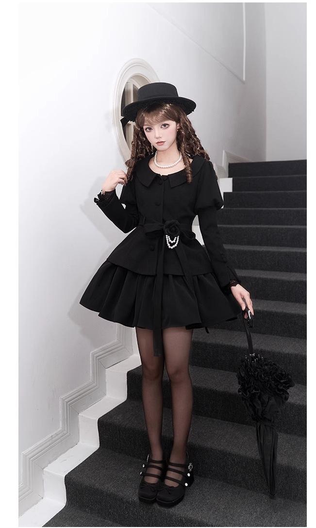 With PUJI - Old Testament - Classic Lolita Coat Black Plush Lolita Cape and Brooch