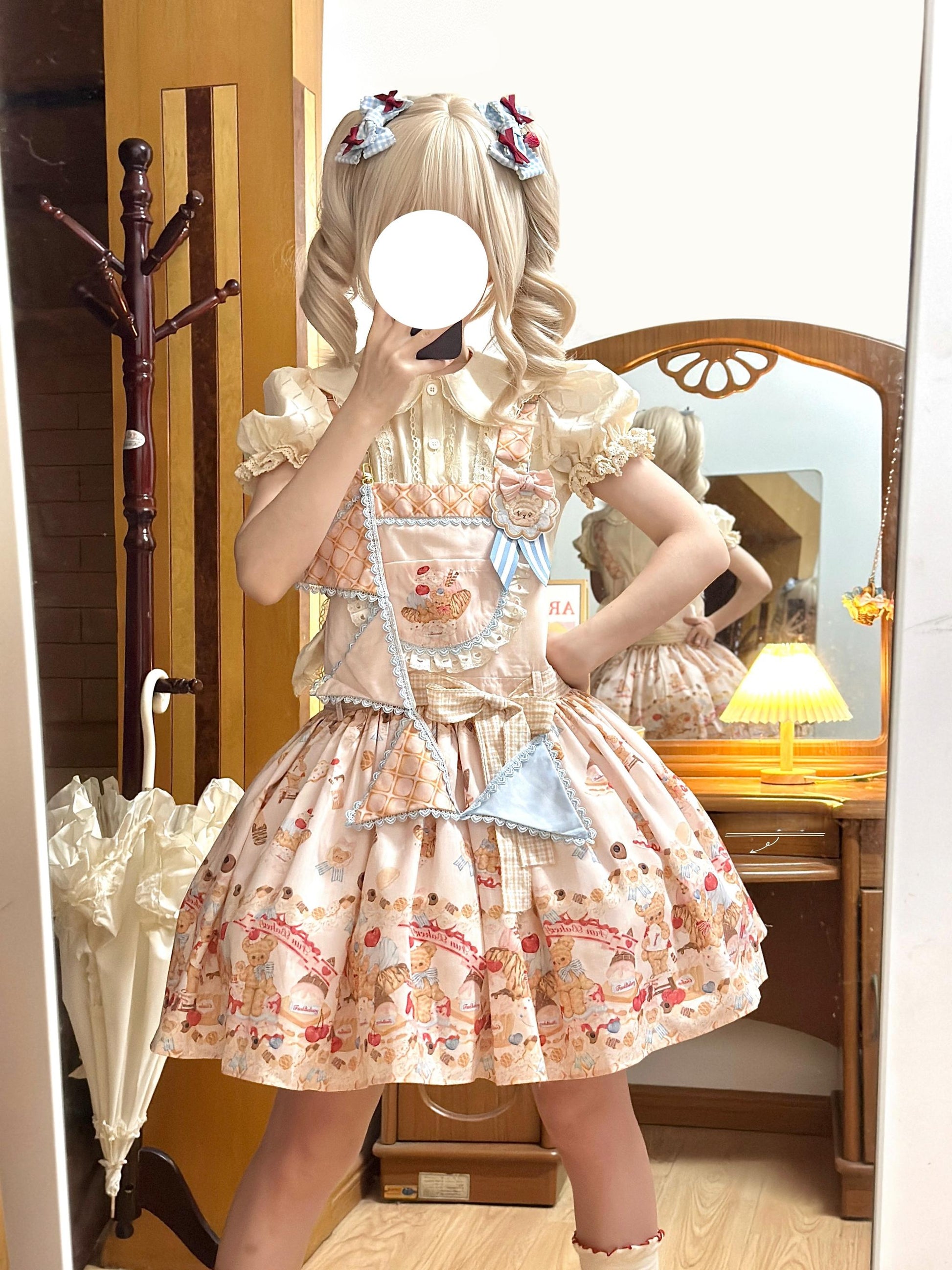 White Tea Story - Little Bear Bonny - Kawaii Lolita Salopette, Bear & Dessert Print