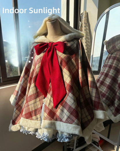 Qianmu - Waffle - Kawaii Lolita Cape Daily Lolita Plaid Hoodie Cloak
