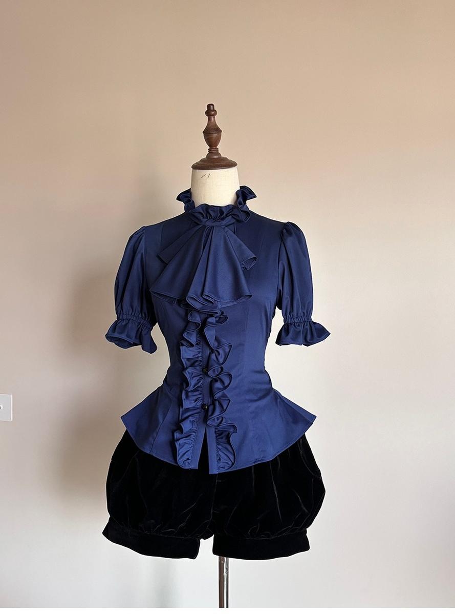 FlowerFairyDaily - Trace Night - Gothic Lolita Short-sleeved Shirt with Adjustable Waist