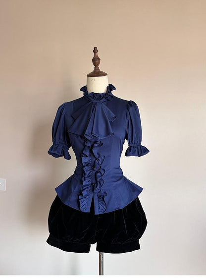 FlowerFairyDaily - Trace Night - Gothic Lolita Short-sleeved Shirt with Adjustable Waist