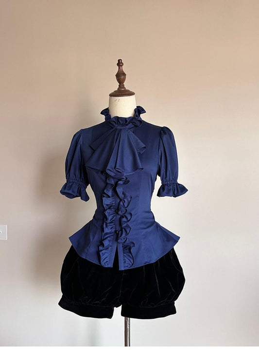 FlowerFairyDaily - Trace Night - Gothic Lolita Short-sleeved Shirt with Adjustable Waist