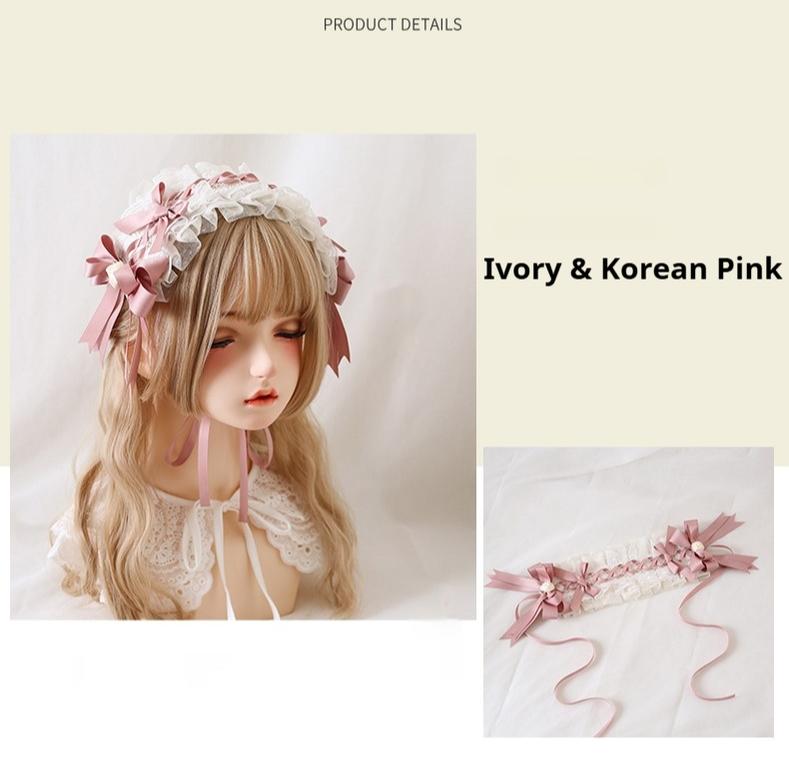Xiaogui - Ivory & Pink Sweet Lolita Headdress Bridal Lace Headwear